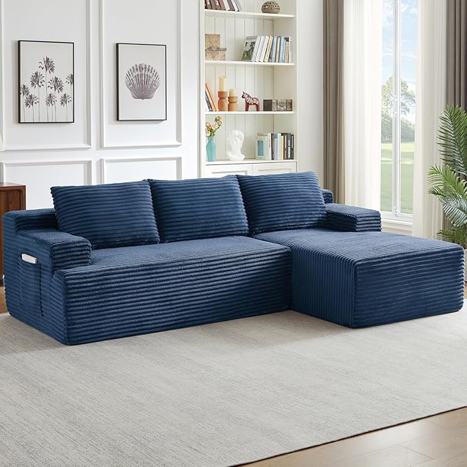 Modern Corduroy Modular Sectional Sofa96.1 Minimalist Style L-Shaped 3 Seat Couch with Side Storage PocketsComfortable Chaise Lounge for Living RoomReception AreaBlue Right Chaise Lounge