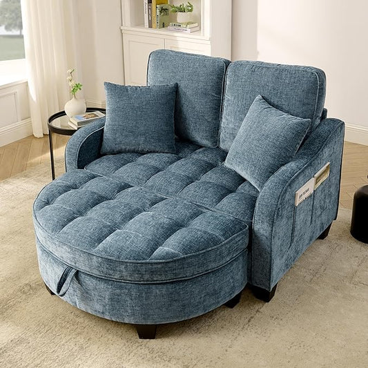 DEINPPA Oversized Accent Sofa Chair with Storage Ottoman Chenille Upholstered Comfy Chair with Throw Pillows for Living Room Reading Room Bedroom-Blue