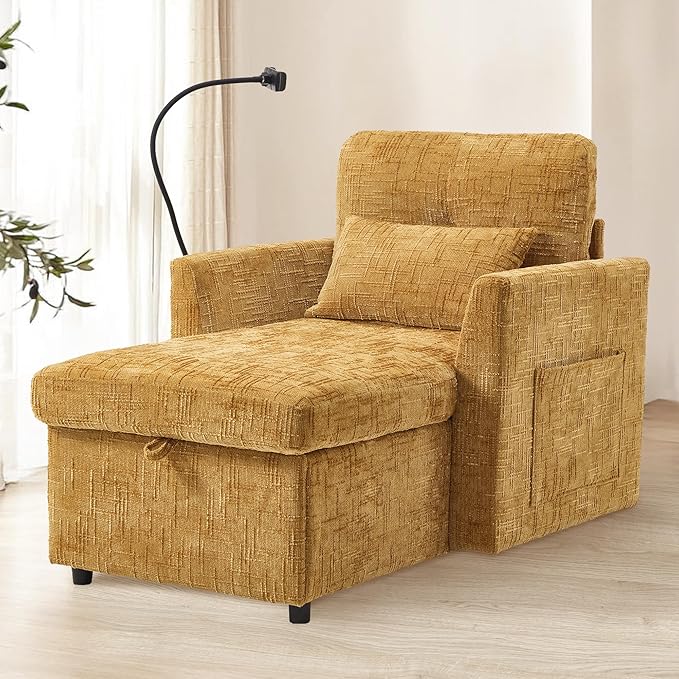 HOMEFUN Sleeper Chair Bed Lazy-Friendly Indoor Chaise Lounge with Storage Cell Phone Bracket Multifunctional Sofa for Bedroom Living Room Small Space Adults