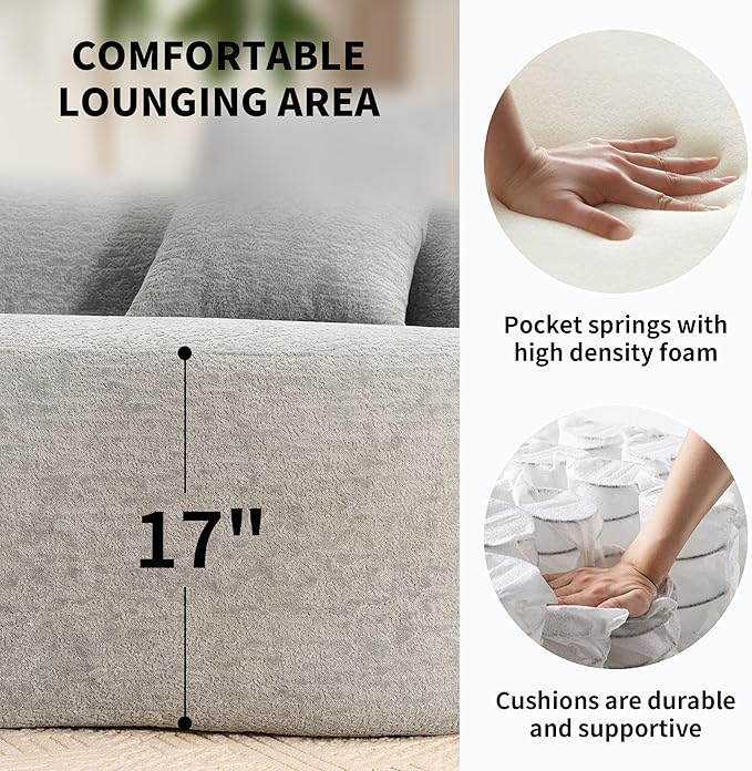 110 Sectional Sofa Round Curved Couch Modern 4 Seat Sofa with Wood Grain Chenille Fabric Comfy Deep Seat Sponge Couch with 4 Pillows for Living Room Grey