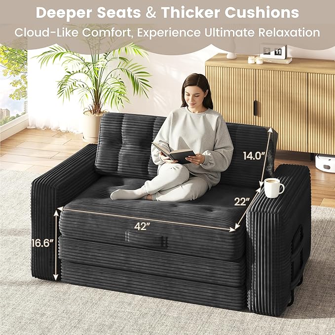 Convertible Sofa Bed 2 in 1 Boneless Couch Bed with 2 Pillows Corduroy Pull out Couch Folding Sofa Bed with Deep Seat Small Loveseat Sleeper Sofa Bed in a Box for Small Spaces No Assembly Required