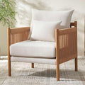 VKNOW Braid Armchair Boho Accent Chair with Solid Wooden Backrest and Armrest Rattan Chair with Waist Pillow for BedroomLiving RoomReading Room Beige