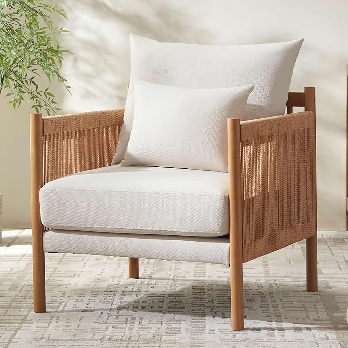 VKNOW Braid Armchair Boho Accent Chair with Solid Wooden Backrest and Armrest Rattan Chair with Waist Pillow for BedroomLiving RoomReading Room Beige