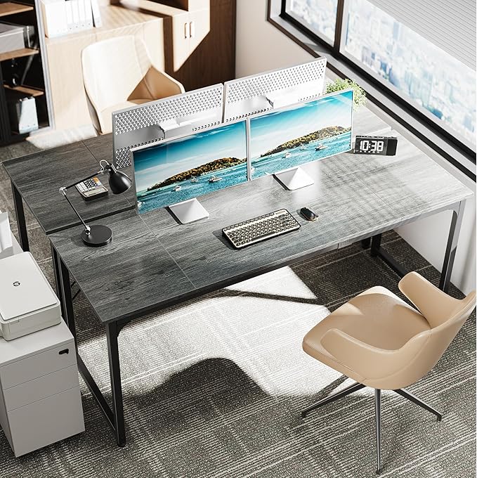 Huuger Computer Desk 70 Inch Office Desk Gaming Desk with Storage Writing Desk Work Desk for Home Office Study Long Simple Desk Large Legroom Metal Frame Grey