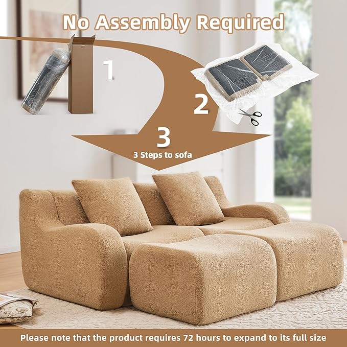 82.7 Inches Sectional Boneless Cloud Couch Super Soft Comfortable Curved Armrest Deep Seat Sofa with Pillow and Ottoman Sectional Small Couches for Small Spaces No Assembly Required