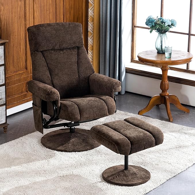 MCombo Swivel Recliner with Ottoman TV Chair with Vibration Massage Ideal for RV Small Space Living Room &amp Bedroom 4828 (Textile Dark Brown)