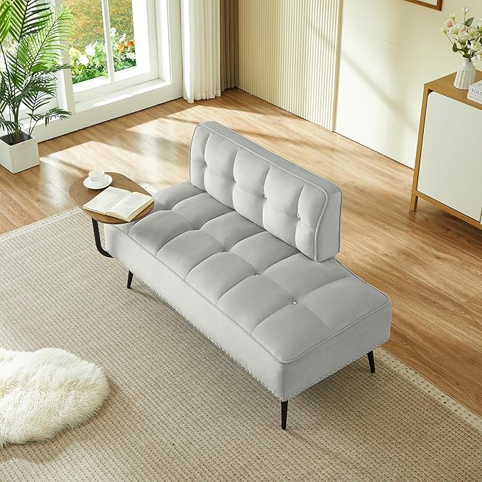 KEIKI 54 2Seat Velvet Loveseat Sofa Couch Rotating Side Table Memory Foam for City Apartment Bedroom Studio Style Conscious Homeowners Luxurious Elegant Sophisticated Refined Quality Design Gray