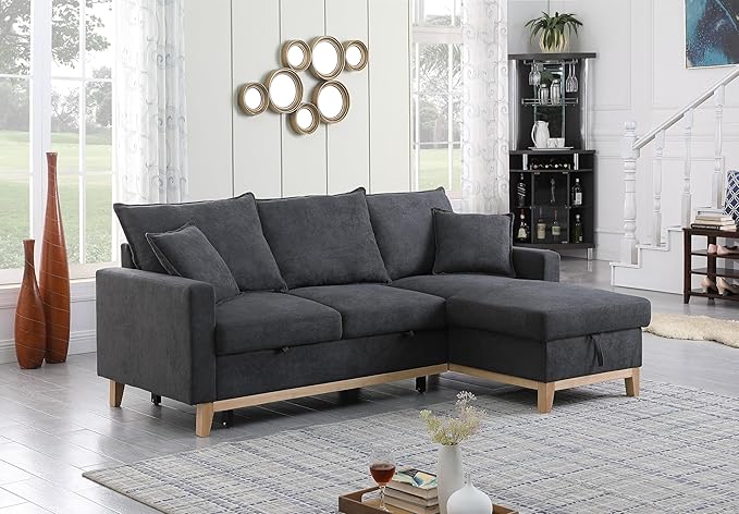 Lilola Home Colton 84.25 W Dark Gray Woven Fabric Reversible Sleeper Sectional Sofa with Pull-Out Bed and Storage Chaise – Modern L-Shaped Couch for Living Room or Apartment