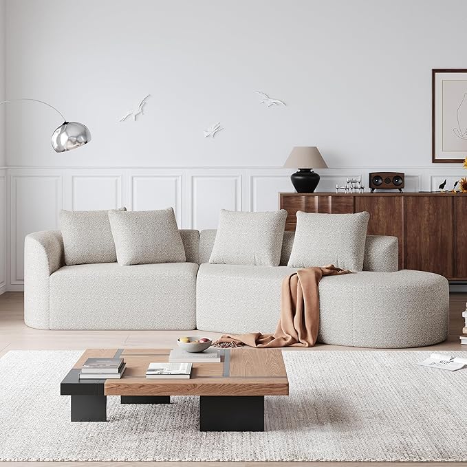 KEIKI 112 inch Curved Sectional Sofa 4 Seater Cloud Couch with 4 Throw Pillows Deep Seat Right-Facing Leisure Lounge Sofa for Living Room Beige