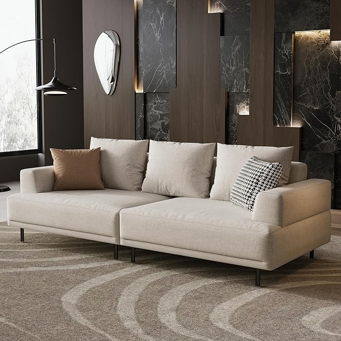 Cream Fabric Sectional Sofa – Contemporary Upholstered Couch with Metal Legs for Living Room (82.67inch-3Seats)