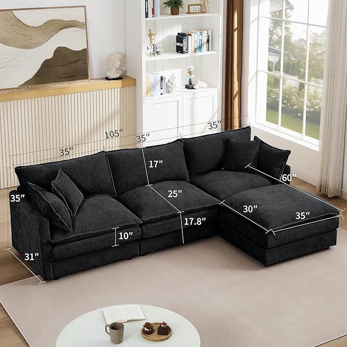Black Sectional Modular Sofa Cloud Couch 105 Modern Convertible L-Shape Sofa Deep 3-Seater Soft Chenille Comfy Upholstered with Removeable Ottoman Set and Removable Cushions for Living Room