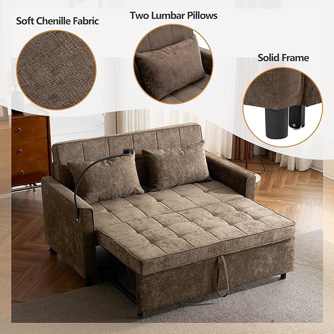Zateety 3-in-1 Loveseat Sofa Bed Adjustable Backrest 56.9 Pull Out Sofa Bed Soft Chenille Sofa Couch with Large Pockets and Lumbar Pillows Sleeper Couch for Small Space