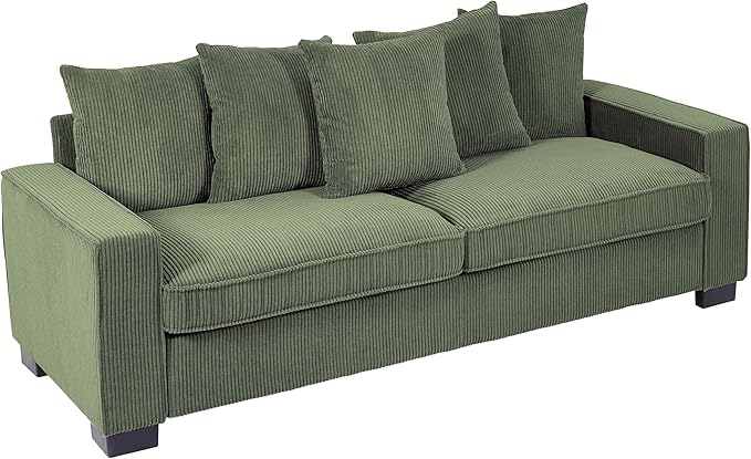 Luxe Corduroy Sofa with 5 Matching Toss Pillows Sleek Design Spacious and Comfortable 3 Seater Couch for Modern Living Room 88 Wide Dark Green