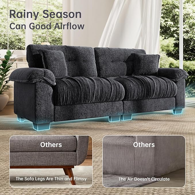 91.5 Modern Cloud Couch Sofa Comfy Chenille Couches for Living Room Easy to Assemble Apartment Black Couch with Wide Armrests Removable Cushion Fashion Cute Sofas with Pillows for Bedroom Office