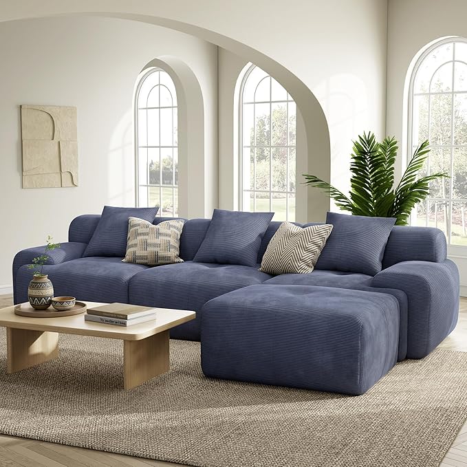 LIKIMIO 118 Modular Sectional Sofa with Ottoman L-Shaped Boneless Couch with Deep Seat for Living Room Corduroy Upholstery No Assembly Required Navy Blue