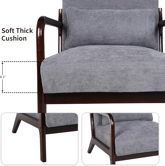 Mid Century Modern Accent Chair with Solid Wood Frame Comfy Reading Lounge Chair with Detachable Lumbar Pillow for Living Room Bedroom Office Vintage Small Wooden Armchair for Waiting Room (Grey)