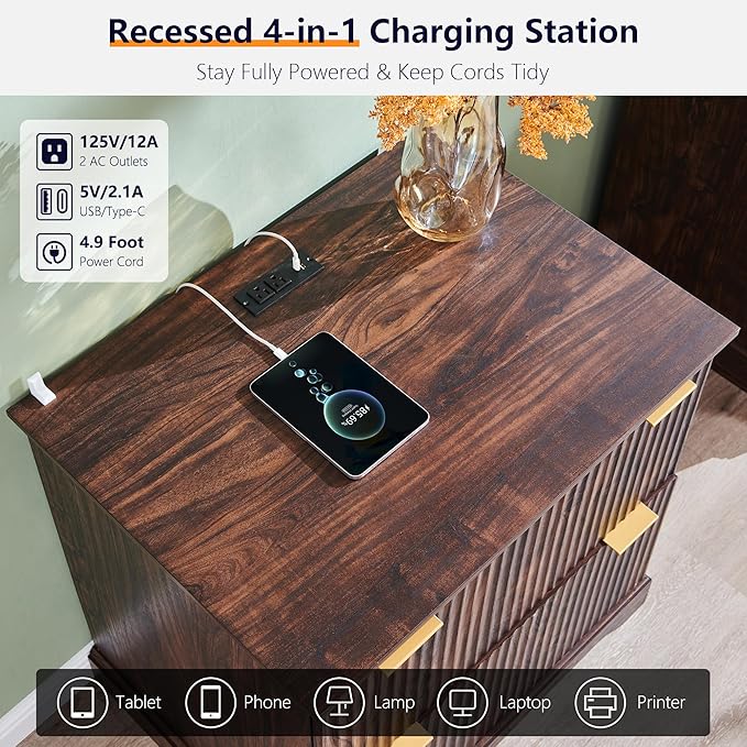 JXQTLINGMU 2 Drawer File Cabinet with Charging Station 30 Fluted Lateral File Cabinet w/Files Hanging Rod for Letter/Legal/A4 Large Tabletop for Printer Office Wood Printer Cabinets Dark Walnut