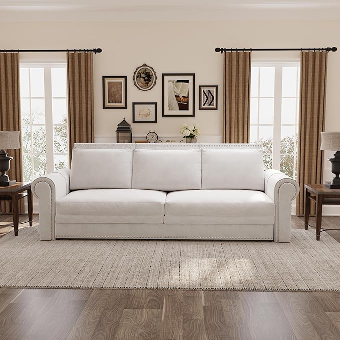 93.7 King Pull Out Sofa Bed Velvet Convertible Sleeper Couch with Nailhead Trim Oversized Mid Century Modern Chesterfield Sofa Sleeper Sectional Couch for Living Room Beige