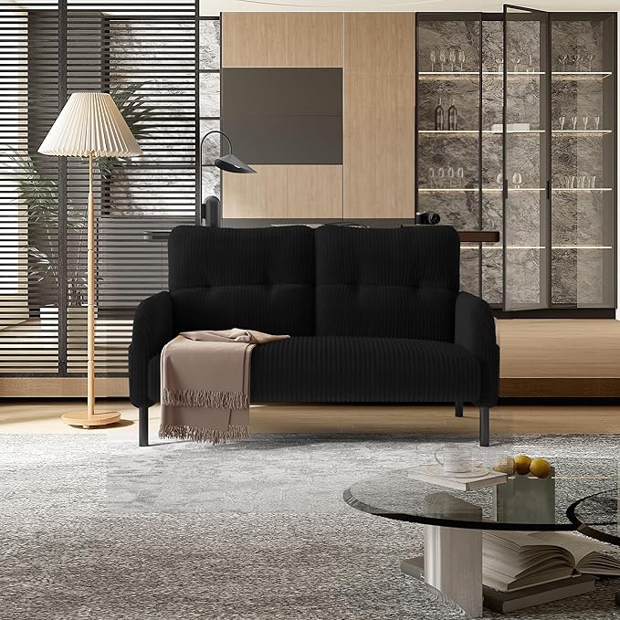 47 Loveseat Sofa Small Couches for Small Spaces Comfy Corduroy Solid Wood Frame Modern Deep Seat 2 Seater Couch with Side Pockets for Bedroom Living Room Apartment Office (Black)