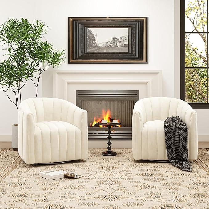 Swivel Accent Chair Velvet Barrel Arm Chair for Living Room Pumpkin Shaped Curved Chair with Metal Base for Bedroom Balcony Study Room（Beige White Set of 2）