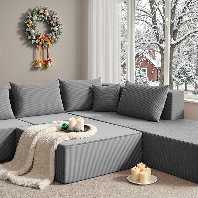 YINIX 140 Modular Sectional Sofa Couches Corduroy Sleeper Deep Seat Sofa Bed Comfy Cloud Couch for Living Room Floor Sofa 6 Piece Free Combination Compression No Assembly Required Grey