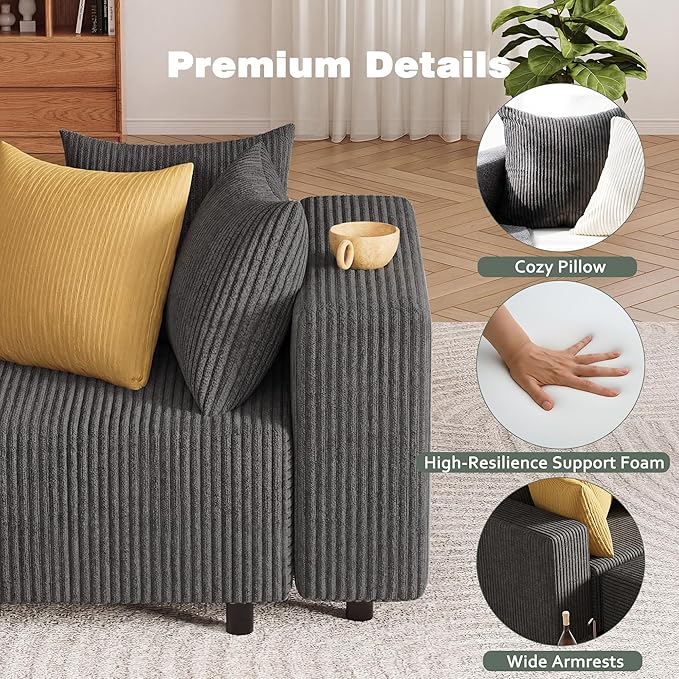 Modern Oversized Modular Sectional Sofa Boneless Cloud Loveseat with Legs Corduroy Big Comfy Deep Seat Sofa for Living Room &amp Apartment（Dark Grey106″Loveseat）