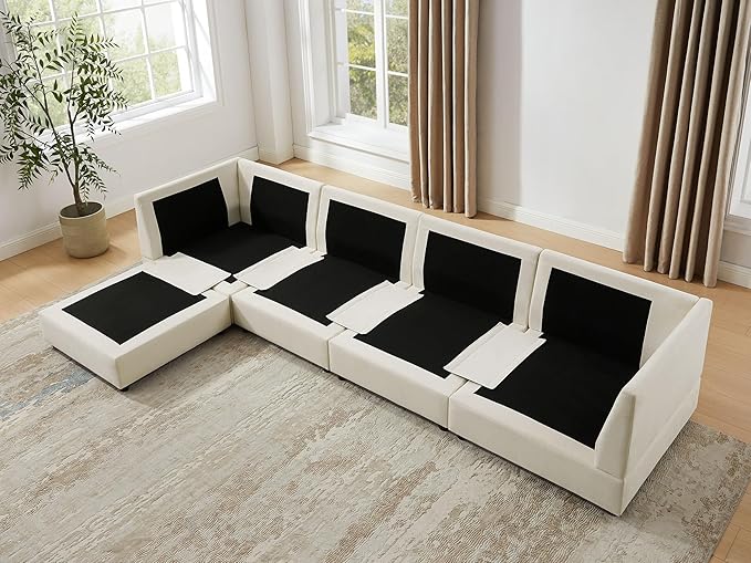 VANOMi Modular Ottoman Seat Sectional Sofa Cube Footstool for Sofa Set Ivory White Terry