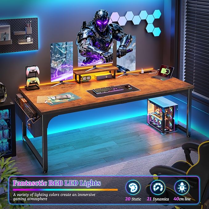 Computer Desk with 0.95 Inch Thicker Desktop &amp Monitor Stand &amp Storage Bag Office Desk with Power Outlets Gaming Desk with LED Light Writing Desk for Home Office Study Bedroom Brown