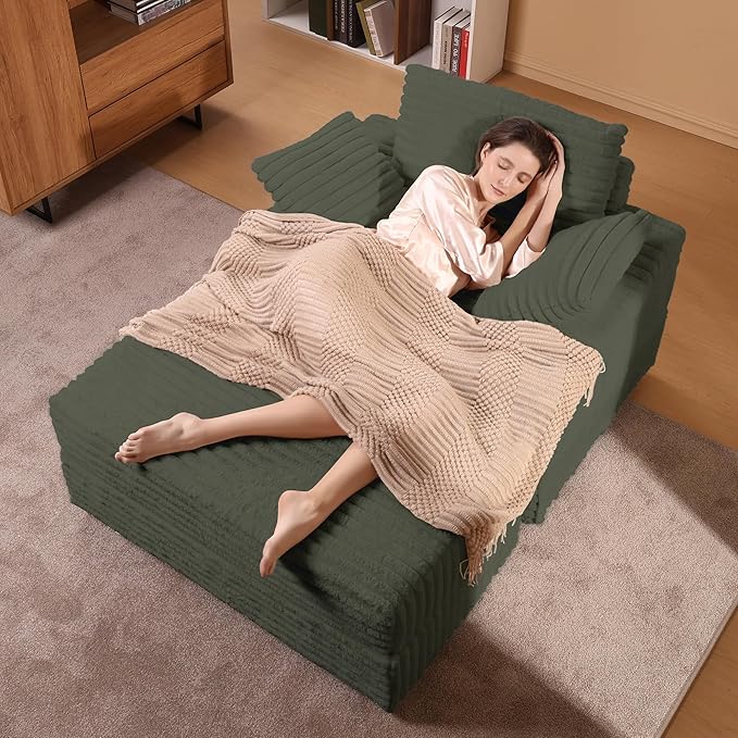 Garvee Oversized Chaise Lounge Chair Indoor with Storage Ottoman Upholstered Corduroy Sofa Bed Cloud Couch with 3 Pillows Single Sleeper Sofa Chair for Living Room Bedroom