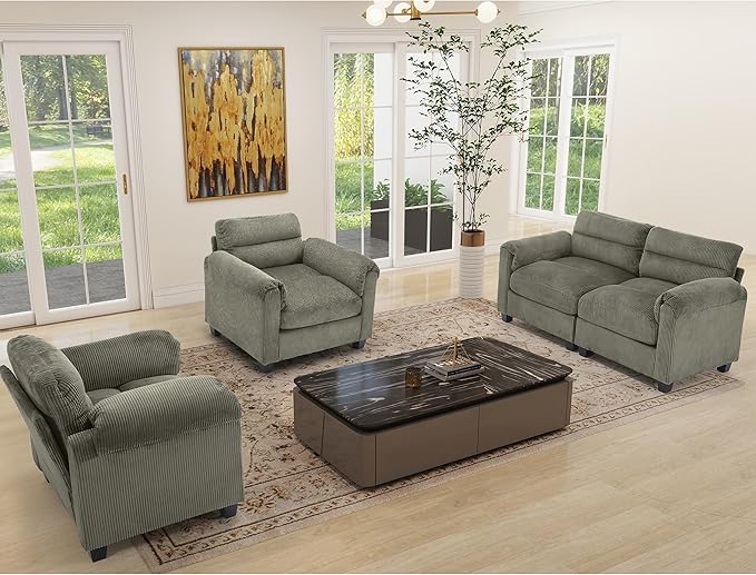 Corduroy Sofa Set Upholstered Armchair Set of 2 and Loveseat with Plush Cushions and Rolled Arms Modern Living Room Furniture SetsGreen