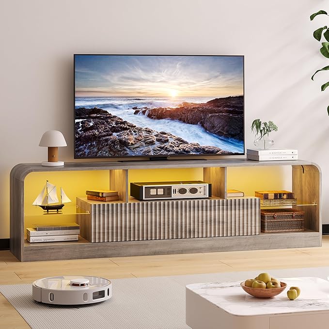 TV Stand for 60/65/70 Inch TVs Modern Curved TV Console with LED Lights 2 Drawers &amp Glass Shelves Living Room Entertainment Center