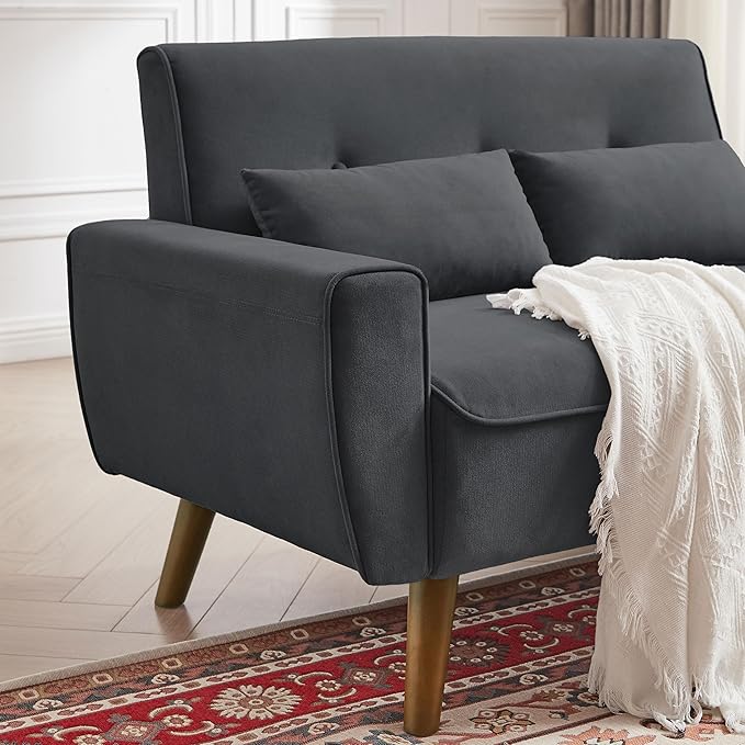 48.8 Small Loveseat Sofa Mid Century Modern Love Seat Couch with Back Cushions and Plastic Legs 2 Seater Couches for Living Room Bedroom Small Spaces Dark Grey