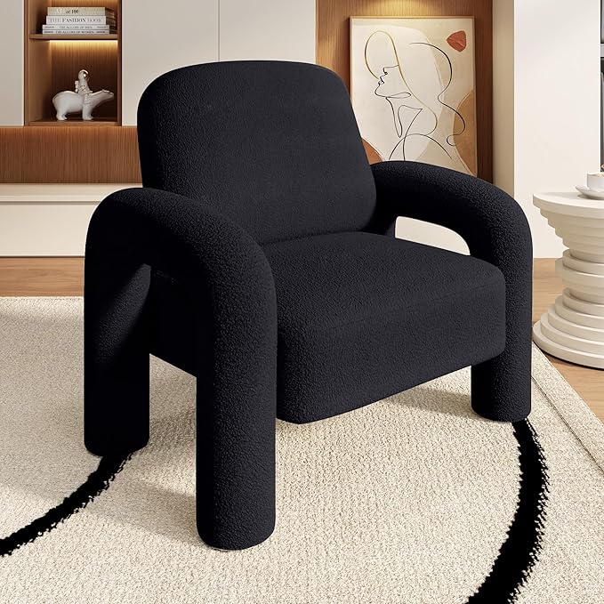 Modern Sherpa Accent Chair Teddy Upholstered Arm Single Sofa Cozy Fluffy Reading Chair for Living Room Bedrooms Corner (Black)