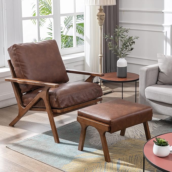 chairus Mid-Century Modern Brown Faux Leather Accent Chair with Ottoman Comfy Upholstered Lounge Armchair with Removable Cushion &amp Solid Wood Frame Retro Reading Chair for Living Room Bedroom Of
