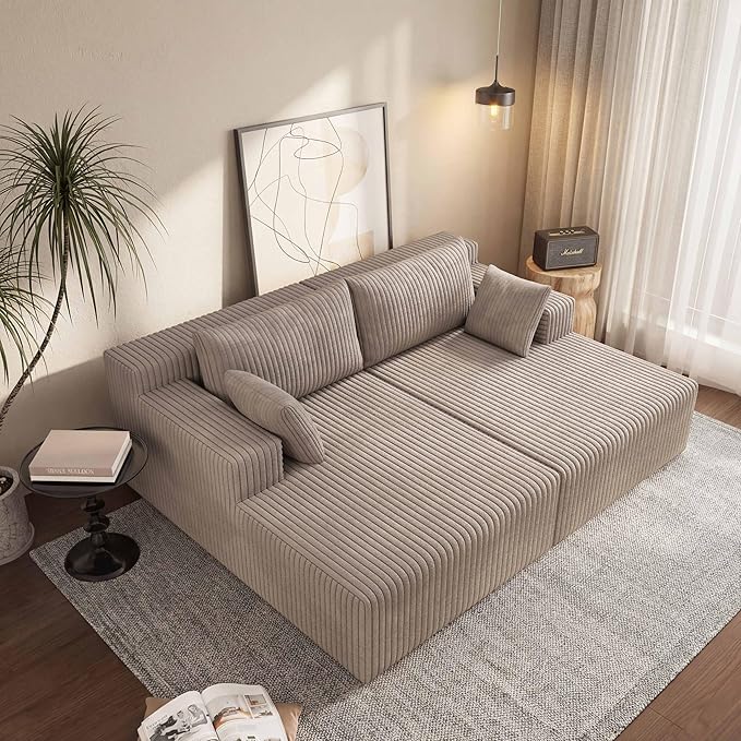 71-Inch Fluffy Corduroy Boneless Sleeper Daybed Loveseat Double Recliner Chaise Lounge Sofa Couches Floor Cloud Sofa Chaise W/4 Pillows for Home Apartment Living Room