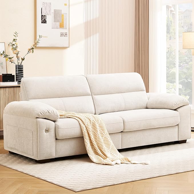 Ihanherry 90 Modern Sofa for Living Room Deep Seat Chenille Couch with Fast Charging Port &amp Removable Washable Cushions Pillow-Armrest Loveseat for Small Space/Apartment Sturdy Frame Beige