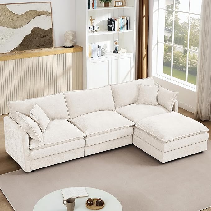102 L-Shaped Sofa for Living RoomModular Sectional Cloud Sofa Couch with OttomanModern Chenille 3 Seater Sofas with Deep SeatSmall L Shaped Couches for Bedroom (Beige 102)