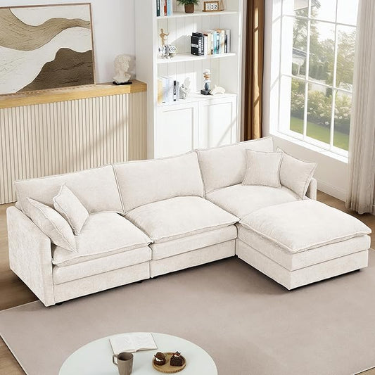 102 L-Shaped Sofa for Living RoomModular Sectional Cloud Sofa Couch with OttomanModern Chenille 3 Seater Sofas with Deep SeatSmall L Shaped Couches for Bedroom (Beige 102)
