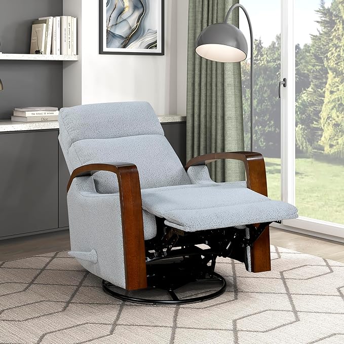Lexicon 360 Degree Swivel Glider Reclining Chair Soft Boucle Manual Recliner Comfy Nursery Glider Recliner Wood Arms Pull Handle for Living Room/Office/Bedroom/Apartment Gray