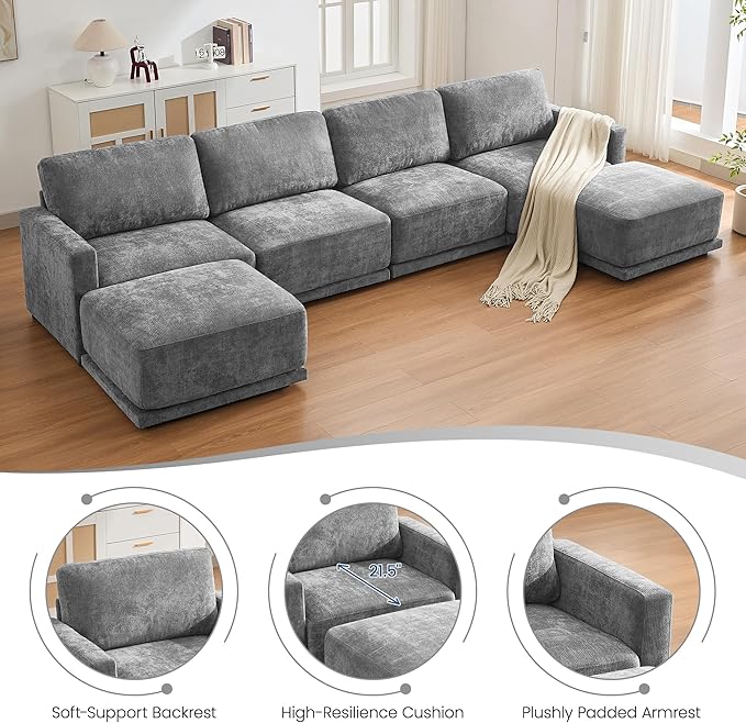 143.8 Modular Sectional Sofa with 2 Ottomans Upholstered U Shaped Sectional Couch with Thick Cushions Oversized Chenille Comfy 6 Seater Sofas for Living Room Easy Assembly Grey