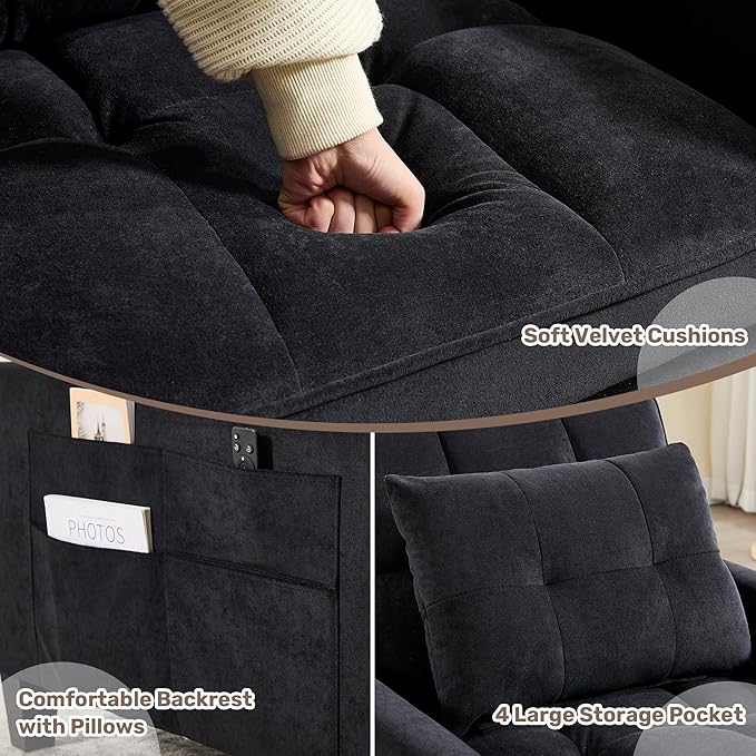 Modern Black Velvet 3 in 1 Sleeper Chair Bed Pull Out Sofa Bed Chair Adjustable Backrest 3 Reclining Positions Adult Size Indoor Use