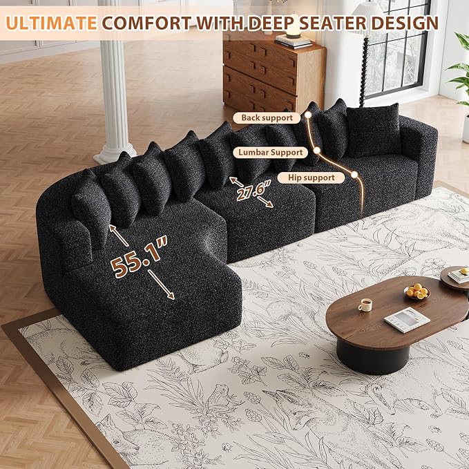 131” Oversized L Shaped Couch Corner Curved Modular Sectional Sofa with 10 Pillows Cloud Chenille Deep Seat No Assembly Required for Living Room Left Chaise Black