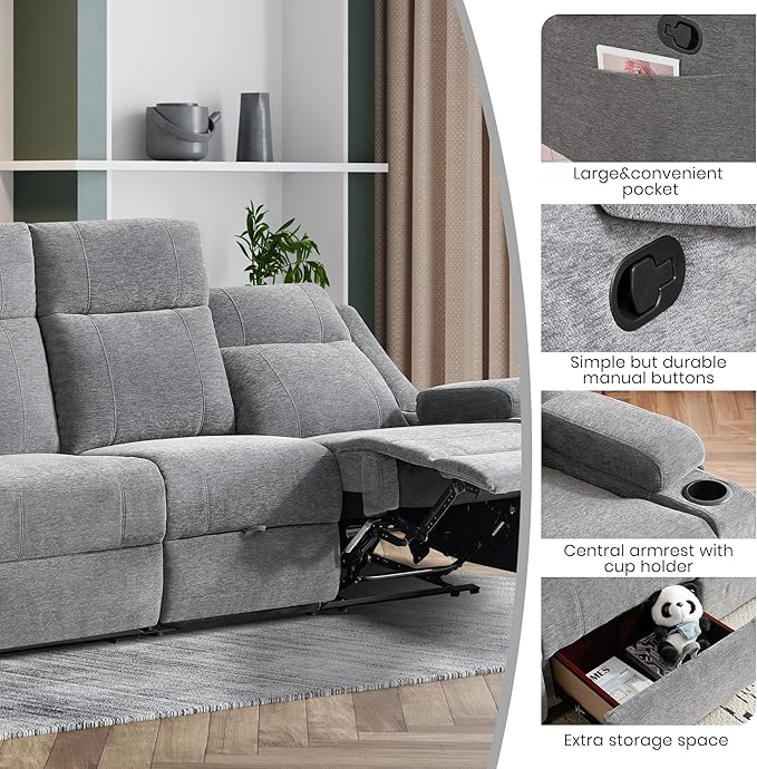 75'' Manual Reclining Sofa with Storage Drawer 3 Seat Wall Hugger Recliner Couch with Cup Holders Side Pockets Chenille Fabric Compact 3-Person Recliner for RV Living Room Apartment (Grey)