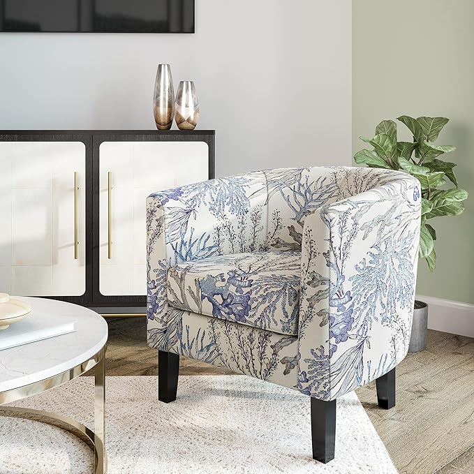 BELLEZE Living Room Chair Linen Round Accent Barrel Chair Club Tub Sofa Chair for Bedroom Corner Chair with Flared Legs and Cozy Soft Padding - Highland (Blue Coral)