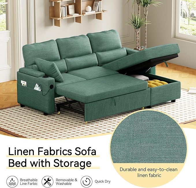 Pull Out Couch L Shaped Convertible Sleeper Sofa Bed with Hidden Storage for Living Room Apartment 3-in-1 Linen Sectional with Side Pocket Charging Station Cup Holder (Green)