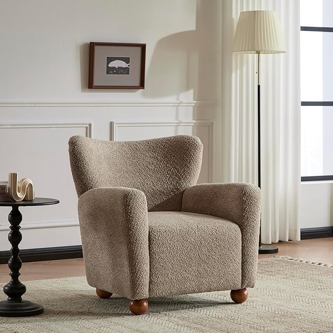 Christopher Knight Home Lindy Wingback Accent Chair Upholstered Armchair with Rounded Wooden Legs Curved Backrest Single Sofa Soft Cushion Seating Comfy Lounge Chair for Living Room Light Brown