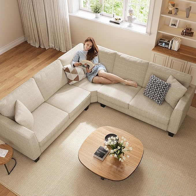 ONBRILL L Shaped Couch Small Corner Sectional Sofa for Living Room Comfy Chenille L Shape Sofa with 3 Throw Pillows Easy Assembly Convertible Sectional Sofa Couches for Apartment Beige