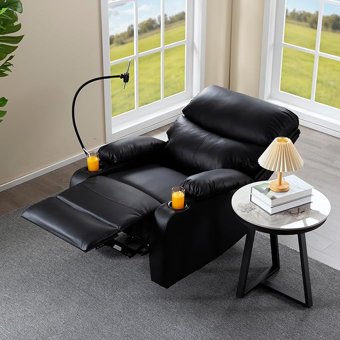 Recliner Chair Oversized Reclining Chair with Phone Holder &amp 2 Cup Holders Leather Wide Rocker Chair for Adults Single Reclining Sofa Recliner for Living Room Office Theater Seating