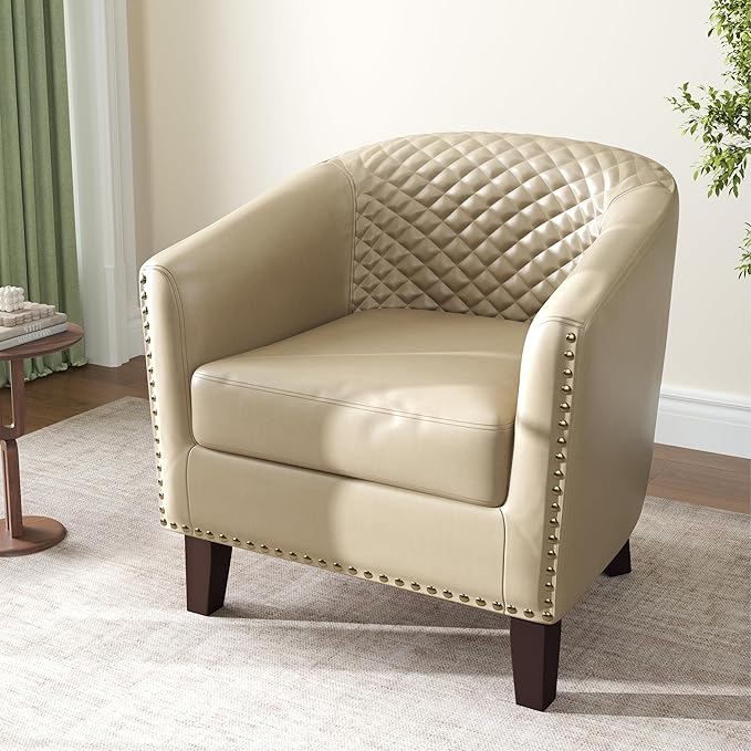 Accent Barrel Chair Upholstered Faux Leather Club Chair with Nailed Trim Comfy Reading Armchair for Living Room Bedroom Reception Room Office (Beige Set of 2)