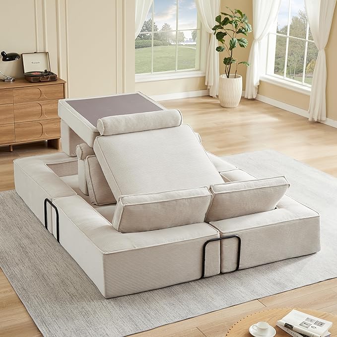 KEIKI 80 Convertible Couch Corduroy Modular Floor Sofa Bed Folding Lounge Sofa with High Density Foam Deep Seat Floor Couch for Living Room Khaki